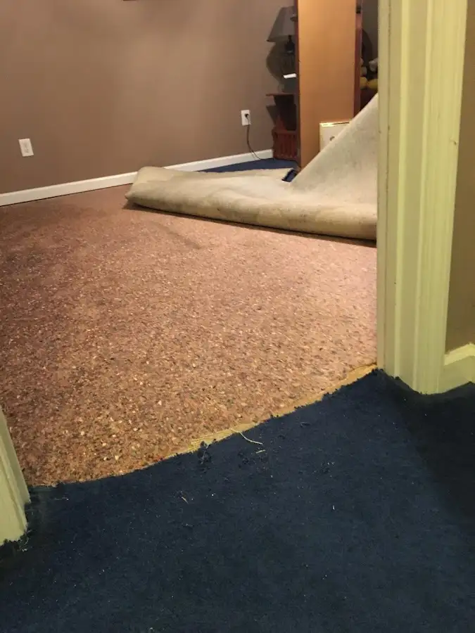 Carpet pad removal revealing water damage during Drying & Dehumidification in Savage