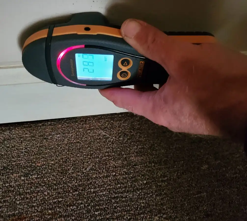 Moisture detection at baseboard during Burst Pipe Cleanup in Savage